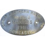 Worksplate GREAT NORTHERN RAILWAY CO DONCASTER No 1322 MAKERS 1911 ex GNR Ivatt J6 0-6-0 numbered