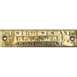 Midland Railway hand engraved brass shelf plate WESTHOUSES AND BLACKWELL GOODS LINE. In good