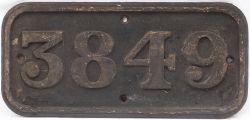 GWR cast iron cabside numberplate 3849 ex Collett 2-8-0 built at Swindon in 1942. Allocated to