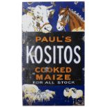 Advertising enamel sign PAUL'S KOSITOS COOKED MAIZE FOR ALL STOCK with images of a bull, horse and