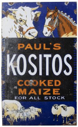 Advertising enamel sign PAUL'S KOSITOS COOKED MAIZE FOR ALL STOCK with images of a bull, horse and
