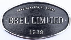 Worksplate MANUFACTURED AT CREWE BREL LIMITED 1989 ex British Railways Electric class 90 in the