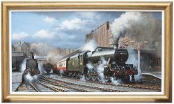 Original painting Jubilee Class 45734 Meteor leaving Birmingham New Street with the London Euston