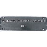 Diesel makers plate ASSOCIATED ELECTRICAL INDUSTRIES 1960. Ex British Railways Class 15 Bo-Bo Diesel