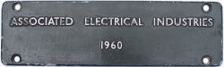 Diesel makers plate ASSOCIATED ELECTRICAL INDUSTRIES 1960. Ex British Railways Class 15 Bo-Bo Diesel