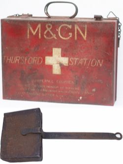 Midland & Great Northern Joint Railway metal Ambulance Box, sign written on the front M&GN THURSFORD
