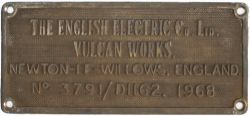 Worksplate THE ENGLISH ELECTRIC CO LTD VULCAN WORKS NEWTON-LE-WILLOWS ENGLAND No 3791/D1162 1968