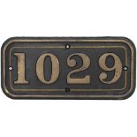 GWR brass cabside numberplate 1029 ex GWR Hawksworth 4-6-0 County Class Locomotive built at