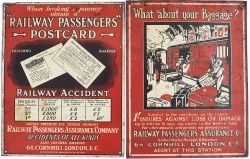 A pair of lithographed tin signs supplied for display at stations WHAT ABOUT YOUR BAGGAGE and