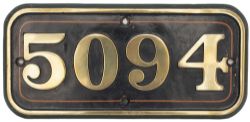 GWR Brass cabside numberplate 5094 ex TRETOWER CASTLE. Lightly face restored see previous lot for