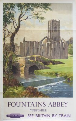 Poster BR(NE) FOUNTAINS ABBEY YORKSHIRE by Gyrth Russell. Double Royal 25in x 40in. In very good
