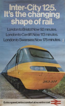 Poster BRB INTER CITY 125 ITS THE CHANGING SHAPE OF RAIL featuring an image of HST 253008. Issued in
