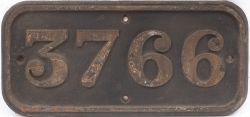 GWR cast iron cabside numberplate 3766 ex Collett 0-6-0PT built at Swindon in 1938. Allocated to