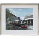 Original painting of the Talyllyn Railway Abergynolwyn Station with a locomotive waiting to depart