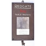 Redgate Table Waters tariff display board. Enamelled bronze front with Oak backboard, complete