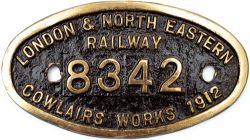 Worksplate LONDON & NORTH EASTERN RAILWAY 8342 COWLAIRS WORKS 1912 ex North British Railway Reid J88