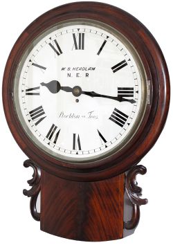 North Eastern Railway 18 inch mahogany cased drop dial fusee railway clock with a cast brass