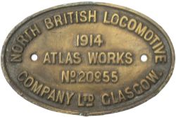 Worksplate NORTH BRITISH LOCOMOTIVE COMPANY LTD GLASGOW ATLAS WORKS No 20955 1914. Ex North