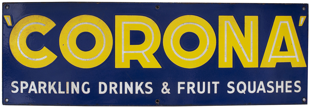 Advertising enamel sign CORONA SPARKLING DRINKS & FRUIT SQUASHES. In very good condition with