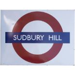 London Transport enamel station target bullseye sign SUDBURY HILL. Fully flanged, in very good