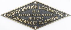 Worksplate NORTH BRITISH LOCOMOTIVE COMPANY LTD GLASGOW QUEEN'S PARK WORKS No 21777 1917 ex GCR