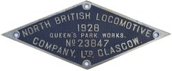 Worksplate NORTH BRITISH LOCOMOTIVE COMPANY LTD GLASGOW QUEENS PARK WORKS No 23847 1928 ex Great