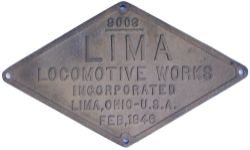 Worksplate LIMA LOCOMOTIVE WORKS INCORPORATED LIMA OHIO U.S.A. 9003 FEB 1946 ex US WD 141R 2-8-2