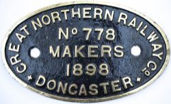 Worksplate GREAT NORTHERN RAILWAY CO DONCASTER No 788 MAKERS 1898 ex GNR Ivatt J4 0-6-0 numbered GNR