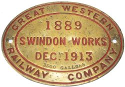 Tenderplate GREAT WESTERN RAILWAY COMPANY SWINDON WORKS 1889 DEC 1913 3500 GALLONS from a standard