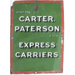 Advertising enamel sign AGENT FOR CARTER PATTERSON EXPRESS CARRIERS. In good condition with some