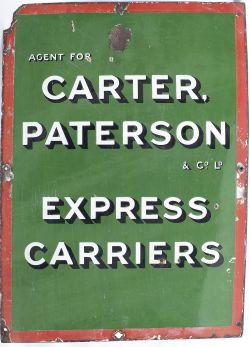 Advertising enamel sign AGENT FOR CARTER PATTERSON EXPRESS CARRIERS. In good condition with some