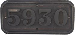 GWR brass cabside numberplate 5930 ex GWR Collett Hall 4-6-0 built at Swindon in 1933 and named