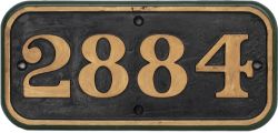 GWR cast iron cabside numberplate 2884 ex Churchward 2-8-0 built at Swindon in 1938. Allocated to