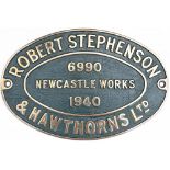 Worksplate ROBERT STEPHENSON & HAWTHORNS LTD NEWCASTLE WORKS 6990 1940. Ex 0-4-0 DM delivered new to