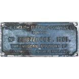 Worksplate THE ENGLISH ELECTRIC COMPANY LTD LONDON No 2887/D603 1961 THE VULCAN FOUNDARY LTD