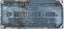 Worksplate THE ENGLISH ELECTRIC COMPANY LTD LONDON No 2887/D603 1961 THE VULCAN FOUNDARY LTD