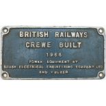 Worksplate BRITISH RAILWAYS CREWE BUILT 1965 POWER EQUIPMENT BY BRUSH ELECTRICAL ENGINEERING COMPANY