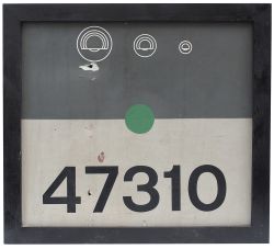 Diesel locomotive flame cut cabside panel 47310, rectangular aluminium mounted in a wooden frame for