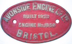 Worksplate AVONSIDE ENGINE Co LTD BRISTOL BUILT 1920 ENGINE No 1858. Ex 762mm gauge 0-4-0T built for