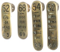 GWR brass signal lever leads x4; 62 F.P.L FOR No63, 68 DISC FOR No69, 52 DOWN BRANCH FACING TO