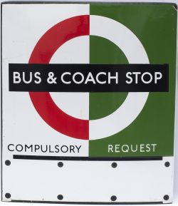 London Transport enamel double sided sign BUS & COACH STOP COMPULSORY REQUEST. Both sides in very