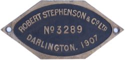 Worksplate Robert Stephenson & Co Ltd Darlington No 3289 1907. Ex Rhymney Rly Hurry Riches A1 0-6-2T