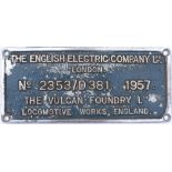 Worksplate THE ENGLISH ELECTRIC COMPANY LTD LONDON No 2353/D381 1957 THE VULCAN FOUNDARY LTD