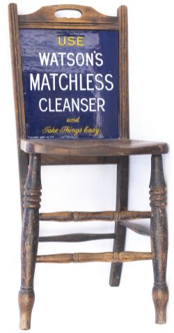 Watsons advertising chair with enamel panel in the back USE WATSON'S MATCHLESS CLEANSER AND TAKE