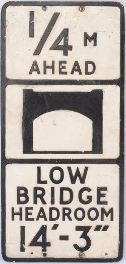 Road sign 1/4 M AHEAD LOW BRIDGE HEADROOM 14-3. Cast aluminium in original condition complete with