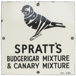 Advertising enamel sign SPRATT'S BUDGERIGAR MIXTURE & CANARY MIXTURE. In very good condition with