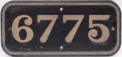 GWR brass cabside numberplate 6765 ex Collett 0-6-0 PT built at Swindon in 1948. Allocated to