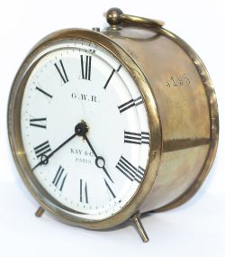 GWR brass drum clock with original enamel dial GWR KAY & CO PARIS. Stamped 3195 on the case,