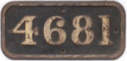 GWR cast iron cabside numberplate 4681 ex Collett 0-6-0PT built at Swindon in 1944. Allocated to