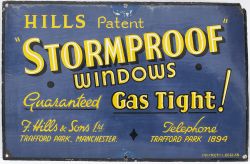 Advertising enamel sign HILLS PATENT STORMPROOF WINDOWS GUARANTEED GAS TIGHT! F.HILLS & SON LTD